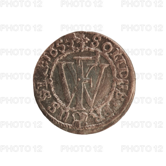 szelag, Melchior, Christoph (fl. 1646-1656); silver coin (szelag), 1655; Ducal Prussia (1525–1701), Königsberg. Obverse: Prussian eagle, on its chest a monogram composed of the letters IC; in the rim between pearl borders an inscription beginning with a ducal mitre 'FR .BR.SRIPR.EL.' Reverse: monogram composed of the letters FW separating the inner border; in the rim an inscription beginning with a cross, divided by the Hohenzollern coat of arms '+SOLIDUS.PR - USSI .1655'. Hohenzollern (coat of arms); Frederick William I Hohenzollern (Great Elector of Brandenburg; Duke of Prussia; 1620–1688) referenced. Coin diameter 15.3 mm, weight 0.51 g, axis 0°.