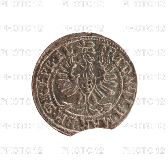 szelag; eagles; cross (iconographic); Frederick William I Hohenzollern (Great Elector of Brandenburg; Prince of Prussia; 1620–1688); Hohenzollern (coat of arms). Obverse: Prussian eagle, on its chest a monogram composed of the letters IC; in the rim between pearl borders an inscription beginning with a princely mitre FRID.WILH.MAR.BR.SRIPR.EL. Reverse: monogram composed of the letters FW separating the inner border; in the rim an inscription beginning with a cross, divided by the Hohenzollern coat of arms +SOLIDUS.PR - USSIAE.1654. Date: 1654. Place: Königsberg, Ducal Prussia (1525–1701). Medium: coin. Dimensions: diameter 15.5 mm; weight 0.51 g; axis 0°.