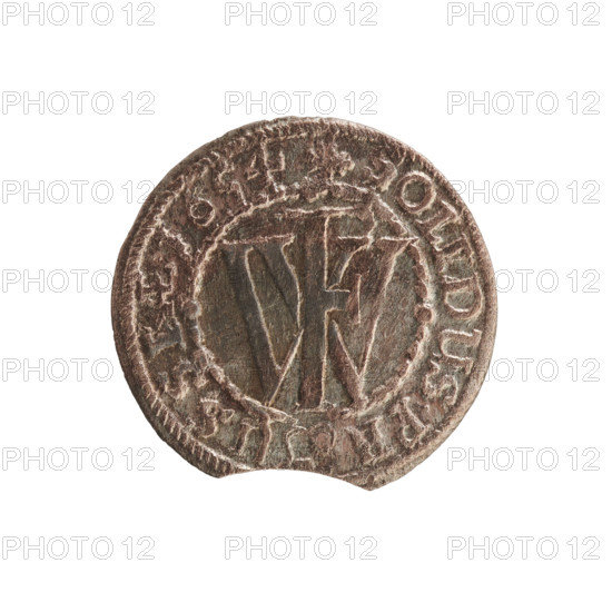 szelag; eagles; cross (iconographic); Frederick William I Hohenzollern (Great Elector of Brandenburg; Prince of Prussia; 1620–1688); Hohenzollern (coat of arms). Obv.: Prussian eagle, on its chest a monogram composed of the letters IC. In the rim, between the pearl borders, an inscription beginning with a princely mitre FRID.WILH.MAR.BR.SRIPR.EL. Rev.: monogram composed of the letters FW separating the inner border. In the rim an inscription beginning with a cross, divided by the Hohenzollern coat of arms +SOLIDUS.PR - USSIAE.1654. Date: 1654. Place: Königsberg, Ducal Prussia (1525–1701). Object: coin (szelag); diameter 15.5 mm; weight 0.51 g; axis 0°.