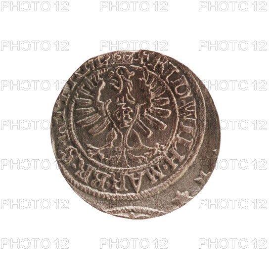 szelag, Melchior, Christoph (fl. 1646–1656); Frederick William I Hohenzollern (Great Elector of Brandenburg; Duke of Prussia; 1620–1688); obv. Prussian eagle with a chest monogram composed of the letters IC; rim inscription beginning with a ducal mitre FRID.WILH.MAR.BR.S., .I.; rev. monogram composed of the letters FW separating the inner border; rev. rim inscription beginning with a cross, divided by the Hohenzollern coat of arms +SOLIDUS.PR - USSIAE.1655; date 1655; Ducal Prussia (1525–1701), Königsberg; eagles; cross (iconographic); Hohenzollern (coat of arms); coin; diameter 15.7 mm; weight 0.61 g; axis 0°