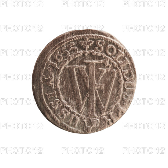 szelag, Melchior, Christoph (fl. 1646-1656); eagles; cross (iconographic); Hohenzollern (coat of arms). Obverse: Prussian eagle, on its chest a monogram composed of the letters IC. In the rim, between the pearl borders, an inscription beginning with a ducal mitre FRID.WILH.MAR.BR.S., .I. Reverse: Monogram composed of the letters FW separating the inner border. In the rim an inscription beginning with a cross, divided by the Hohenzollern coat of arms +SOLIDUS.PR - USSIAE. 1655. Ducal Prussia (1525-1701), Königsberg. Coin; diameter 15.7 mm; weight 0.61 g; axis 0 degrees.