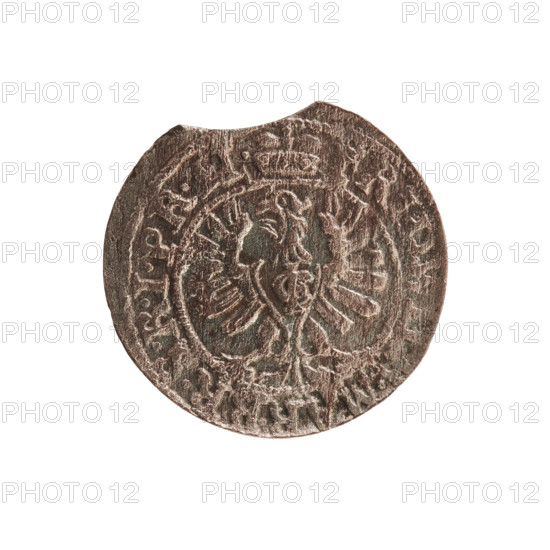 szelag, Melchior, Christoph (fl. 1646–1656); Obv.: Prussian eagle, on its chest a monogram composed of the letters IC. Rim inscription beginning with a ducal mitre: FRID.WILH.MAR.BR.SRIPR.EL. Rev.: monogram composed of the letters FW separating the inner border. Rim inscription beginning with a cross, divided by the Hohenzollern coat of arms: S.PR - USS, .165 (1655). Hohenzollern (coat of arms); Frederick William I Hohenzollern (Great Elector of Brandenburg; Duke of Prussia; 1620–1688). Ducal Prussia (1525–1701), Königsberg. Coin; diameter 15.5 mm; weight 0.58 g; axis 0°.