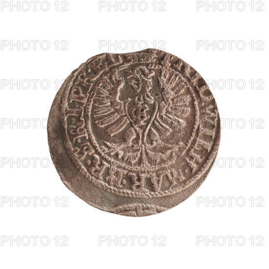 szelag; Melchior, Christoph (fl. 1646–1656); obverse: Prussian eagle with a monogram on its chest composed of the letters IC; rim obverse: inscription beginning with a ducal mitre, .WILH.MAR.BR.SRIPR.E; reverse: monogram composed of the letters FW separating the inner border; rim reverse: inscription beginning with a cross, divided by the Hohenzollern coat of arms +SOLIDUS.PR - US; Frederick William I Hohenzollern (Great Elector of Brandenburg; Duke of Prussia; 1620–1688) referenced; Hohenzollern coat of arms; 1655; Ducal Prussia (1525–1701), Königsberg; coin; diameter 15.9 mm; weight 0.59 g; axis 0°