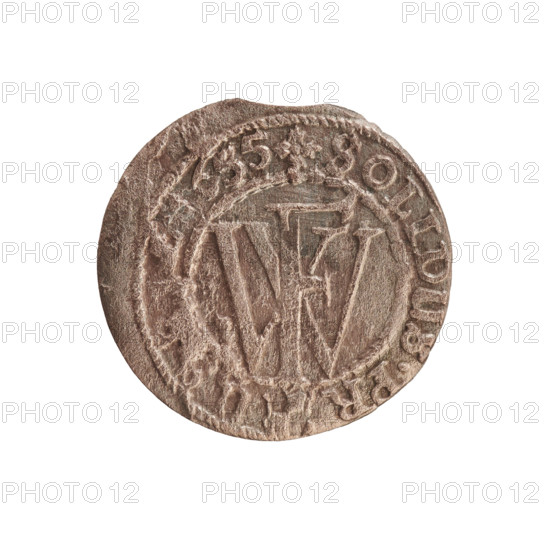 Szelag, Melchior, Christoph (fl. 1646–1656). Obverse: Prussian eagle with a chest monogram composed of the letters IC; in the rim, between pearl borders, an inscription beginning with a ducal mitre: .WILH.MAR.BR.SRIPR.E. Reverse: monogram composed of the letters FW separating the inner border; in the rim an inscription beginning with a cross, divided by the Hohenzollern coat of arms: +SOLIDUS.PR - US. Inscribed with name Frederick William I Hohenzollern (Great Elector of Brandenburg; Duke of Prussia; 1620–1688). Date: 1655. Place: Ducal Prussia, Königsberg. Coin, diameter 15.9 mm, weight 0.59 g, axis 0°.