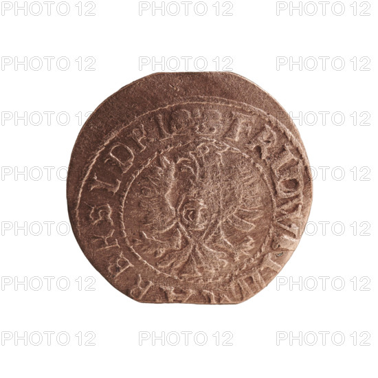 szelag forgery from the period; forgeries; cross (iconographic); eagles; Frederick William I Hohenzollern (Great Elector of Brandenburg; Prince of Prussia; 1620–1688); Hohenzollern (coat of arms). Obverse: Prussian eagle with a monogram on its chest composed of the letters IC. On the rim, between the pearl borders, an inscription beginning with a ducal mitre FRIDWILH, RBRSIDRI. Reverse: monogram composed of the letters FW separating the inner border. In the rim an inscription beginning with a cross, divided by the Hohenzollern coat of arms: +SOLIDUS - RUSS1 48 1655. Ducal Prussia (1525–1701). Coin, counterfeit (from the period). Coin: diameter 16.0 mm, weight 0.78 g, axis 0 degrees.