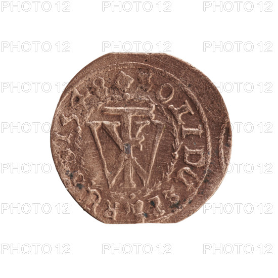 szelag forgery from the period; forgeries; cross (iconographic); eagles; Frederick William I Hohenzollern (Great Elector of Brandenburg; Prince of Prussia; 1620–1688). Obverse: Prussian eagle, on its chest a monogram composed of the letters IC. On the rim, between the pearl borders, an inscription beginning with a ducal mitre FRIDWILH, RBRSIDRI. Reverse: monogram composed of the letters FW separating the inner border; in the rim an inscription beginning with a cross, divided by the Hohenzollern coat of arms +SOLIDUS, - RUSS1, 48, 1655. Ducal Prussia (1525–1701). Coin, counterfeit (from the period). Coin: diameter 16.0 mm; weight 0.78 g; axis 0 degrees.