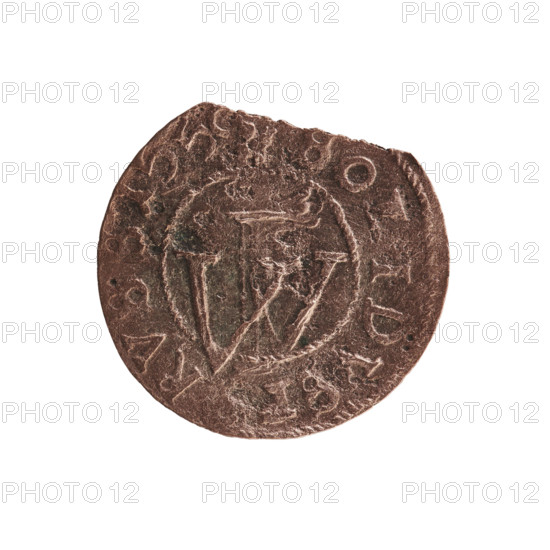 szelag forgery from the period. Frederick William I Hohenzollern (Great Elector of Brandenburg; Prince of Prussia; 1620–1688). Obverse: eagle, cross (iconographic). Reverse: eagle. On the rim, between the pearl borders, an inscription beginning with a princely mitre 'FRID VILH M'. Reverse a monogram composed of the letters 'FW' interrupting the inner border. In the rim an inscription beginning with a stylized cross: '+SOLID, P RVSS.1550'. After 1653. Ducal Prussia (1525–1701). Königsberg (for the original). Coin, counterfeit (from the period). Coin: diameter 15.9 mm, weight 0.46 g, axis 0°.