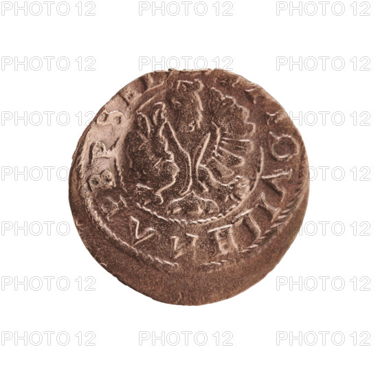 Szelag forgery from the period; eagle motifs; Frederick William I Hohenzollern (Great Elector of Brandenburg; Duke of Prussia; 1620–1688); Hohenzollern coat of arms. Obverse: eagle with spread wings; rim inscription DVILH, APBPS. Reverse: monogram composed of the letters FW; rim inscription separated by the Hohenzollern coat of arms reading OLIDUS - PRUSSI. Associated with Ducal Prussia (1525–1701). Coin forgery from the period; diameter 15.8 mm; weight 0.51 g; axis 0°.