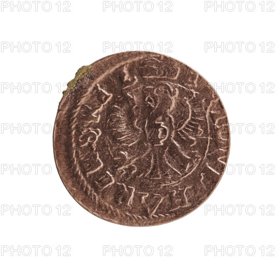 Szelag forgery from the period; obverse: Prussian eagle with monogram IC on its chest; rim between pearl borders with inscription beginning with a princely mitre, RIDVI, HARE, SR, Rw; inner border separated by monogram FW. Reverse: in the rim an inscription beginning with a stylized cross, divided by the Hohenzollern coat of arms +SOLIDUS - PRUSS 14 ?; iconography: eagles, cross; associated names/titles: Frederick William I Hohenzollern (Great Elector of Brandenburg; Prince of Prussia; 1620–1688); Hohenzollern coat of arms; Ducal Prussia (1525–1701) (for the original). Coin; counterfeit (contemporary forgery); material/measurements: diameter 15.7 mm, weight 0.50 g, axis 0° .