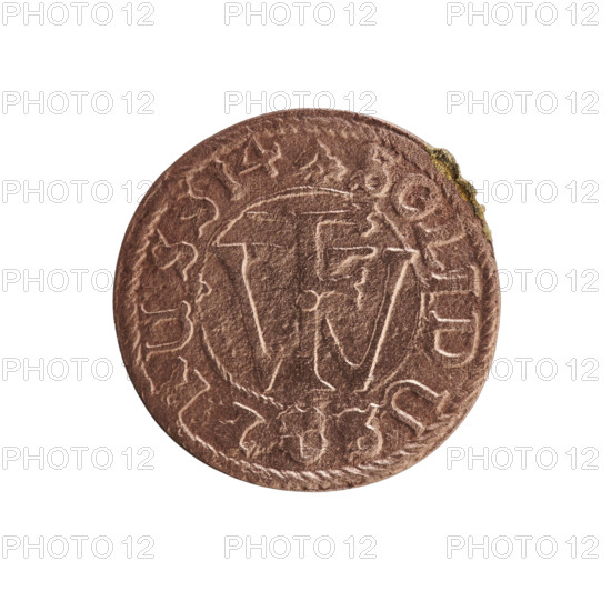 Szelag forgery from the period; eagles; cross (iconographic); Frederick William I Hohenzollern (Great Elector of Brandenburg; Prince of Prussia; 1620–1688); Hohenzollern (coat of arms). Obverse: Prussian eagle, on its chest a monogram composed of the letters IC. In the rim between the pearl borders an inscription beginning with a princely mitre: RIDVI, HARE, SR, Rw. Reverse: monogram composed of the letters FW separating the inner border; in the rim an inscription beginning with a stylized cross, divided by the Hohenzollern coat of arms: +SOLIDUS - PRUSS 14?. Ducal Prussia (1525–1701); (for the original) Königsberg; coin, contemporary counterfeit. Diameter 15.7 mm; weight 0.50 g; axis 0°.