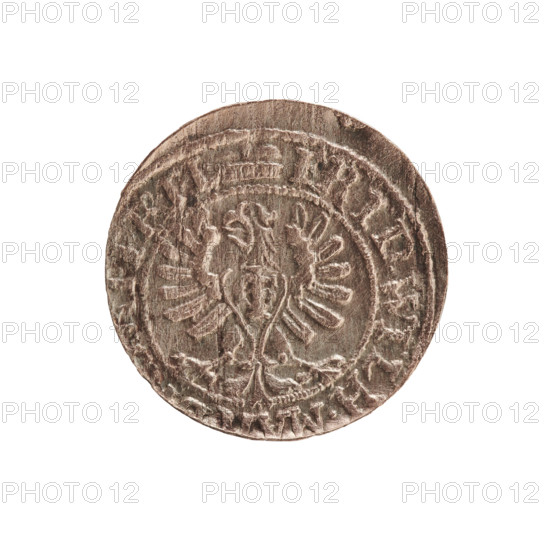 szelag, eagles, cross (iconographic), Frederick William I Hohenzollern (Great Elector of Brandenburg; Prince of Prussia; 1620-1688), Hohenzollern (coat of arms). Obverse: Prussian eagle, on its chest a monogram composed of the letters IC; on the rim between the pearl borders an inscription beginning with a princely mitre FRID.WILH.M, PR.EL. Reverse: monogram composed of the letters FW; in the rim an inscription beginning with a stylized cross, divided by the Hohenzollern coat of arms +SO, -USSIAE. 1653. Ducal Prussia (1525–1701), Königsberg. Coin; diameter 15.4 mm, weight 0.51 g, axis 0 degrees.