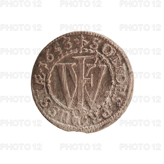 szelag, eagles, Frederick William I Hohenzollern (Great Elector of Brandenburg; Prince of Prussia; 1620-1688), cross (iconographic), Hohenzollern (coat of arms). Obv.: Prussian eagle, on its chest a monogram composed of the letters IC; in the rim, between the pearl borders, an inscription beginning with a princely mitre FRID.WILH.MAR.BR.SRIPR.E. Rev.: monogram composed of the letters FW separating the inner border; in the rim an inscription beginning with a cross, divided by the Hohenzollern coat of arms +SOLIDUS.PR - USSIAE.1653. Date: 1653. Place: Ducal Prussia (1525–1701), Königsberg. Object: coin (szelag). Measurements: diameter 15.5 mm; weight 0.54 g; axis 0 degrees.