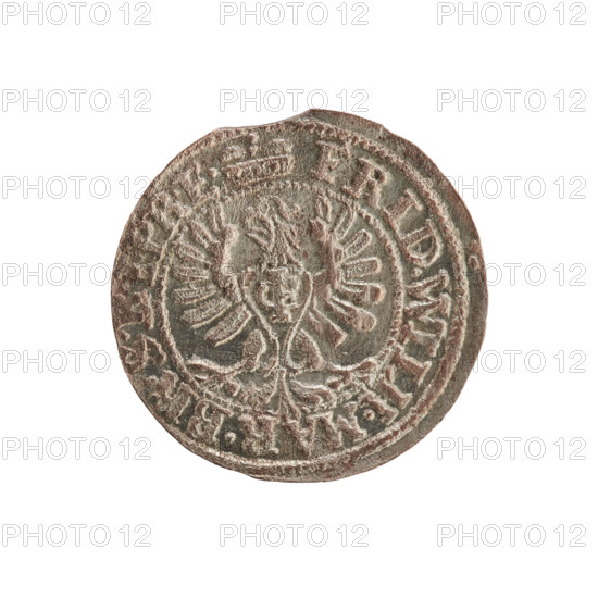 szelag, cross (iconographic), Frederick William I Hohenzollern (Great Elector of Brandenburg; Prince of Prussia; 1620-1688), eagles, Hohenzollern (coat of arms). Obv.: Prussian eagle; on its chest a monogram composed of the letters IC. In the rim, between the pearl borders, an inscription beginning with a princely mitre FRID.WILH.MAR.BR.SRIPR.E. Rev.: Monogram composed of the letters FW separating the inner border. In the rim an inscription beginning with a cross, divided by the Hohenzollern coat of arms, OLIDUS.PR - USSIAE. Date: 1653. Place: Ducal Prussia (1525–1701), Königsberg. Object: coin (szelag). Diameter: 15.6 mm. Weight: 0.54 g. Axis: 0 degrees.
