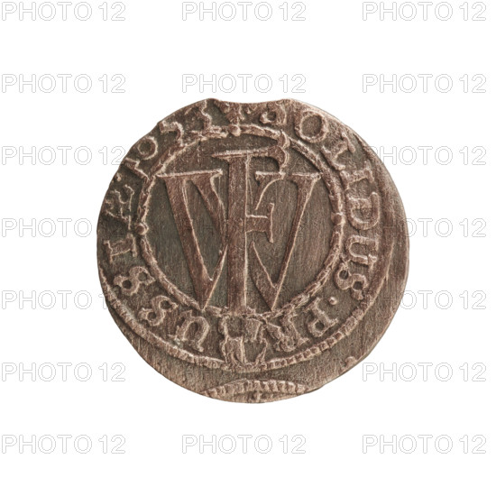 szelag, cross (iconographic), Frederick William I Hohenzollern (Great Elector of Brandenburg; Prince of Prussia; 1620–1688), eagles, Hohenzollern (coat of arms). Obv.: Prussian eagle, on its chest a monogram composed of the letters IC. In the rim, between the pearl borders, an inscription beginning with a princely mitre FRID.WILH.MAR.BR.SRIPR.E. Rev.: monogram composed of the letters FW separating the inner border. In the rim an inscription beginning with a cross, divided by the Hohenzollern coat of arms, OLIDUS.PR - USSIAE. Date: 1653. Place: Ducal Prussia (1525–1701), Königsberg. Object: coin (szelag). Diameter 15.6 mm, weight 0.54 g, axis 0 degrees.