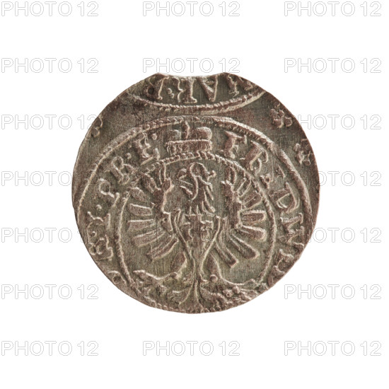 szelag; eagles; cross (iconographic); Frederick William I Hohenzollern (Great Elector of Brandenburg; Prince of Prussia; 1620–1688); Hohenzollern (coat of arms). Obverse: Prussian eagle with a monogram composed of the letters IC on its chest; in the rim, between the pearl borders, an inscription beginning with a princely mitre FRID.W, .I.PR.E. Reverse: monogram composed of the letters FW separating the inner border; in the rim an inscription beginning with a cross, divided by the Hohenzollern coat of arms +SOLIDUS.PR - USSIAE. 1653. Ducal Prussia (1525–1701), Königsberg. Coin; diameter 15.6 mm; weight 0.52 g; axis 0°.