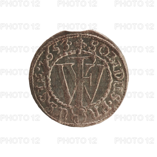 szelag, eagles, cross (iconographic), Frederick William I Hohenzollern (Great Elector of Brandenburg; Prince of Prussia; 1620-1688), Hohenzollern (coat of arms). Obverse: Prussian eagle, on its chest a monogram composed of the letters IC. In the rim, between the pearl borders, an inscription beginning with a princely mitre FRID.W, .I.PR.E. Reverse: Monogram composed of the letters FW separating the inner border. In the rim an inscription beginning with a cross, divided by the Hohenzollern coat of arms +SOLIDUS.PR - USSIAE., 1653. Ducal Prussia (1525-1701), Königsberg. Coin: diameter 15.6 mm, weight 0.52 g, axis 0 degrees.