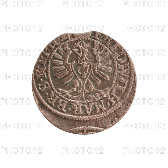szelag forgery from the period; forgeries; eagles; cross (iconographic); Frederick William I Hohenzollern (Great Elector of Brandenburg; Prince of Prussia; 1620–1688); Hohenzollern (coat of arms). Obverse: Prussian eagle with a monogram on its chest composed of the letters IC; on the rim, between the pearl borders, an inscription beginning with a princely mitre, ID.WILH.MAR.BR.SRI. Reverse: monogram composed of the letters FW separating the inner border; in the rim an inscription beginning with a cross, divided by the Hohenzollern coat of arms, +SOLIDUS.PR - USSIAE.1653. Date: 1653. Place: Ducal Prussia (1525–1701). Related to original from Königsberg. Coin, counterfeit (contemporary); diameter 15.4 mm; weight 0.59 g; axis 0 degrees.