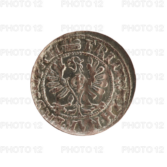 szelag; eagles; cross (iconographic); Frederick William I Hohenzollern (Great Elector of Brandenburg; Prince of Prussia; 1620–1688); Hohenzollern (coat of arms). Obverse: Prussian eagle, on its chest a monogram composed of the letters IC; in the rim, between the pearl borders, an inscription beginning with a princely mitre FRID.WILH.MAR.BR.SRIPR.EL. Reverse: monogram composed of the letters FW separating the inner border; in the rim an inscription beginning with a cross, divided by the Hohenzollern coat of arms +SOLIDUS.PR - U, E.1653. Date: 1653. Place: Ducal Prussia (1525–1701), Königsberg. Object type: coin (szelag). Diameter: 15.6 mm. Weight: 0.48 g. Axis: 0°.