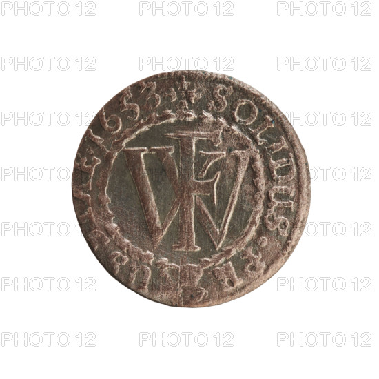 szelag, eagles, cross (iconographic), Frederick William I Hohenzollern (Great Elector of Brandenburg; Prince of Prussia; 1620-1688), Hohenzollern (coat of arms). Obv.: Prussian eagle, on its chest a monogram composed of the letters IC. In the rim, between the pearl borders, an inscription beginning with a princely mitre FRID.WILH.MAR.BR.SRIPR.EL. Rev.: Monogram composed of the letters FW separating the inner border. In the rim an inscription beginning with a cross, divided by the Hohenzollern coat of arms +SOLIDUS.PR - U. E.1653; 1653. Ducal Prussia (1525–1701), Königsberg. Coin; diameter 15.6 mm; weight 0.48 g; axis 0 degrees.