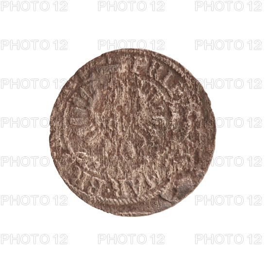 Szelag forgery from the period; forgeries. Obverse: Prussian eagle, on its chest a monogram composed of the letters IC. In the rim, between the pearl borders, an inscription beginning with a princely mitre FRID, MAR.BR.S. Reverse: monogram composed of the letters FW separating the inner border. In the rim an inscription beginning with a cross, divided by the Hohenzollern coat of arms +SOLIDUS.PR - USSIAE.1653. Date: 1653. Associated names/subjects: Frederick William I Hohenzollern (Great Elector of Brandenburg; Prince of Prussia; 1620–1688); Hohenzollern coat of arms. Place/authority: Ducal Prussia (1525–1701). Object: coin, counterfeit (contemporary forgery). Dimensions: diameter 15.6 mm, weight 0.54 g, axis 0°.