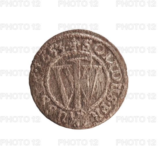 szelag forgery from the period; forgeries; eagles; cross (iconographic); Frederick William I Hohenzollern (Great Elector of Brandenburg; Prince of Prussia; 1620–1688); Hohenzollern (coat of arms). Obverse: Prussian eagle, on its chest a monogram composed of the letters IC; in the rim, between the pearl borders, an inscription beginning with a princely mitre FRID, MAR.BR.S. Reverse: monogram composed of the letters FW separating the inner border; in the rim an inscription beginning with a cross, divided by the Hohenzollern coat of arms +SOLIDUS.PR - USSIAE.1653. Date: 1653. Place: Ducal Prussia (1525–1701). For the original: Königsberg. Object type: coin, counterfeit (from the period). Dimensions: diameter 15.6 mm, weight 0.54 g, axis 0 degrees.