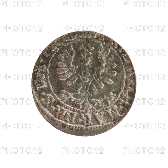 szelag; coins of lands associated with Poland; eagles; cross (iconographic); Frederick William I Hohenzollern (Great Elector of Brandenburg; Prince of Prussia; 1620–1688); Hohenzollern (coat of arms). Obverse: Prussian eagle with a monogram on its chest composed of the letters IC; in the rim between the pearl borders the inscription MAR.BR.SRI. Reverse: monogram composed of the letters FW separating the inner border; in the rim an inscription beginning with a cross, divided by the Hohenzollern coat of arms, PR - USSIAE. 1653. Ducal Prussia (1525–1701), Königsberg. Coin; diameter 15.5 mm; weight 0.60 g; axis 0°.