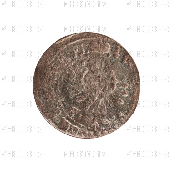 szelag; eagles; Frederick William I Hohenzollern (Great Elector of Brandenburg; Duke of Prussia; 1620–1688); cross (iconographic); Hohenzollern (coat of arms). Obverse: coin field damaged by corrosion. In the rim, between pearly borders, an inscription beginning with a ducal mitre, 'RS, PR.EL.' Monogram composed of the letters 'FW' dividing the inner border. In the rim, an inscription beginning with a cross, divided by the Hohenzollern coat of arms: '+S, IDUS.P, 1653.' Date: 1653. Place: Ducal Prussia, Königsberg. Coin: diameter 15.4 mm; weight 0.57 g; axis 0°.