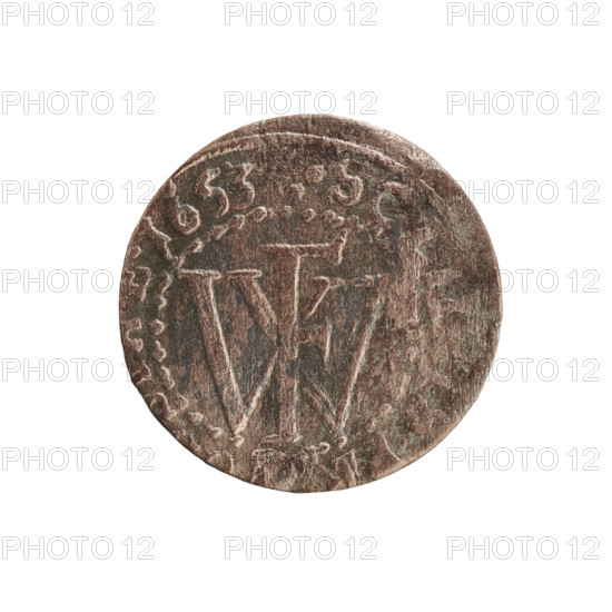 szelag, eagles, Frederick William I Hohenzollern (Great Elector of Brandenburg; Duke of Prussia; 1620–1688), cross (iconographic), Hohenzollern (coat of arms). Obverse: coin field damaged by corrosion. In the rim, between the pearly borders, an inscription beginning with a ducal mitre, RS, PR.EL. Reverse: monogram composed of the letters FW dividing the inner border. In the rim, an inscription beginning with a cross, divided by the Hohenzollern coat of arms +S, IDUS.P, 1653. Ducal Prussia (1525–1701), Königsberg. Coin: diameter 15.4 mm, weight 0.57 g, axis 0°.