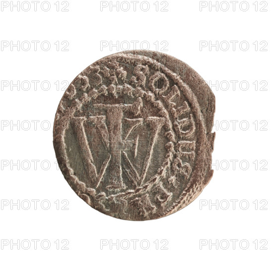 szelag; obverse: Prussian eagle with monogram composed of the letters IC on its chest; rim between pearl borders with inscription beginning with a princely mitre, monogram FW separating the inner border; rim inscription beginning with a cross, divided by the Hohenzollern coat of arms +SOLIDUS.PR-; features eagles, cross (iconography); Frederick William I Hohenzollern (Great Elector of Brandenburg; Prince of Prussia; 1620–1688); Hohenzollern coat of arms; dated 1653; mint: Königsberg; region: Ducal Prussia (1525–1701); coin (szelag), diameter 15.5 mm, weight 0.58 g, axis 0°.
