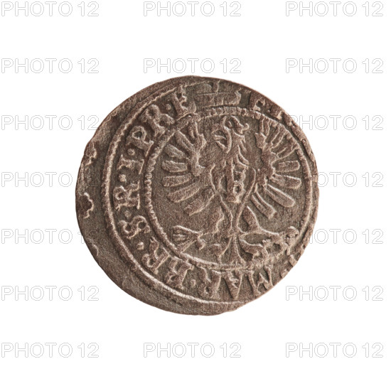 szelag; eagles; cross (iconographic); Frederick William I Hohenzollern (Great Elector of Brandenburg; Prince of Prussia; 1620–1688); Hohenzollern (coat of arms). Obverse: Prussian eagle with a monogram composed of the letters IC on its chest. Rim: between pearl borders, an inscription beginning with a princely mitre, MAR.BR.SRIPR.E; monogram composed of the letters FW separating the inner border. Reverse: inscription beginning with a cross, divided by the Hohenzollern coat of arms +SOLIDUS.PR - USSIAE.1653. Date: 1653. Place: Ducal Prussia (1525–1701), Königsberg. Object: coin (szelag). Diameter 15.4 mm; weight 0.63 g; axis 0°.
