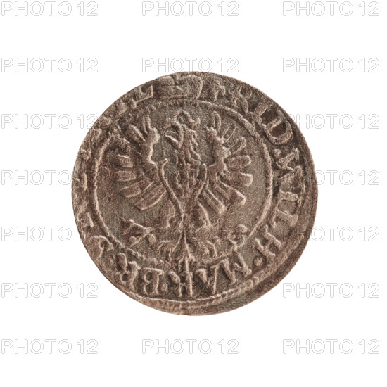 szelag; eagles; Frederick William I Hohenzollern (Great Elector of Brandenburg; Prince of Prussia; 1620–1688); cross (iconographic); Hohenzollern (coat of arms). Obv.: Prussian eagle with a monogram composed of the letters IC on its chest; in the rim, between the pearl borders, an inscription beginning with a princely mitre FRID.WILH.MAR.BR.SRIPR.EL. Rev.: monogram composed of the letters FW separating the inner border; in the rim an inscription beginning with a cross, divided by the Hohenzollern coat of arms +SOLIDUS.PR - USSIAE.1653. Date: 1653. Place: Ducal Prussia, Königsberg. Object: coin (szelag). Diameter 15.7 mm; weight 0.53 g; axis 0°.
