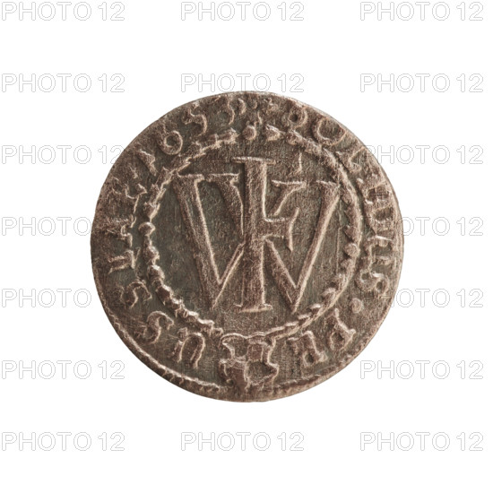 szelag; eagles; Frederick William I Hohenzollern (Great Elector of Brandenburg; Prince of Prussia; 1620–1688); cross (iconographic); Hohenzollern (coat of arms). Obverse: Prussian eagle with a monogram on its chest composed of the letters IC; rim inscription beginning with a princely mitre FRID.WILH.MAR.BR.SRIPR.EL. Reverse: monogram composed of the letters FW separating the inner border; rim inscription beginning with a cross, divided by the Hohenzollern coat of arms +SOLIDUS.PR - USSIAE.1653. Date: 1653. Place: Ducal Prussia (1525–1701), Königsberg. Coin; diameter 15.7 mm; weight 0.53 g; axis 0°.