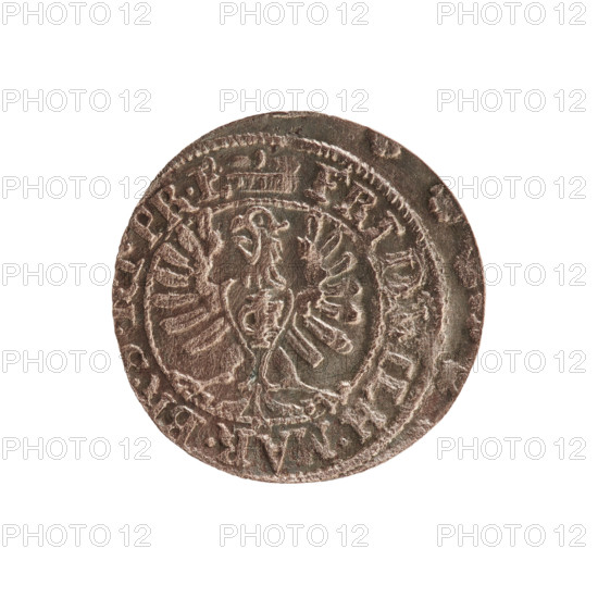 szelag; eagles; cross (iconographic); Frederick William I Hohenzollern (Great Elector of Brandenburg; Prince of Prussia; 1620–1688); Hohenzollern (coat of arms). Obverse: Prussian eagle, on its chest a monogram composed of the letters IC. Rim between pearl borders with inscription beginning with a princely mitre FRID.WILH.MAR.B. PR.E Rw. Monogram composed of the letters FW separating the inner border. Rim inscription beginning with a cross, divided by the Hohenzollern coat of arms +SOLIDUS.PR - USSIAE.1653. Date: 1653. Place: Ducal Prussia (1525–1701), Königsberg. Coin. Diameter 15.4 mm; weight 0.46 g; axis 0°.