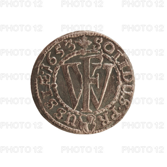 szelag; eagles; cross (iconographic); Frederick William I Hohenzollern (Great Elector of Brandenburg; Prince of Prussia; 1620–1688); Hohenzollern (coat of arms). Obverse: Prussian eagle with a monogram composed of the letters IC on its chest. In the rim, between pearl borders, an inscription beginning with a princely mitre FRID.WILH.MAR.B...PR.E; monogram composed of the letters FW separating the inner border. In the rim an inscription beginning with a cross, divided by the Hohenzollern coat of arms: +SOLIDUS.PR-USSIAE.1653. Date: 1653. Place: Ducal Prussia (1525–1701), Königsberg. Object: coin (szelag). Diameter: 15.4 mm. Weight: 0.46 g. Axis: 0 degrees.