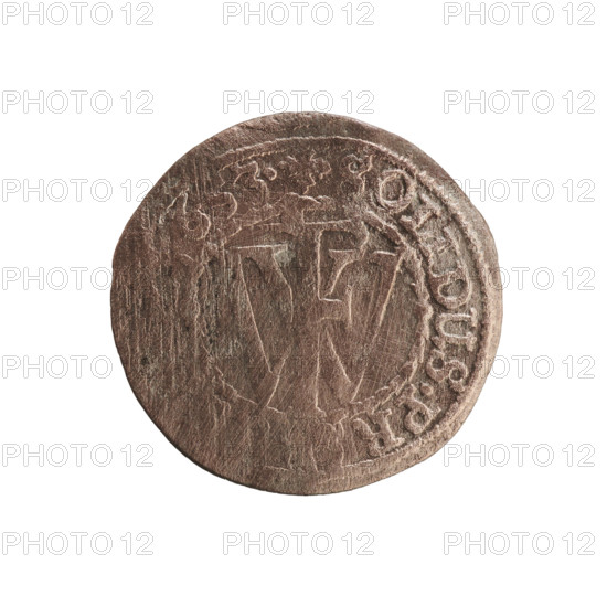 szelag, eagles, cross (iconographic), Frederick William I Hohenzollern (Great Elector of Brandenburg; Prince of Prussia; 1620-1688), Hohenzollern (coat of arms). Obverse: Prussian eagle with a monogram composed of the letters IC on its chest. In the rim, between the pearl borders, an inscription beginning with a princely mitre FRID.WILH.M... In the reverse: monogram composed of the letters FW separating the inner border; in the rim an inscription beginning with a cross, divided by the Hohenzollern coat of arms +SOLIDUS.PR -, 1653. Ducal Prussia (1525–1701), Königsberg. Coin; diameter 15.5–16.0 mm; weight 0.59 g; axis 0°.