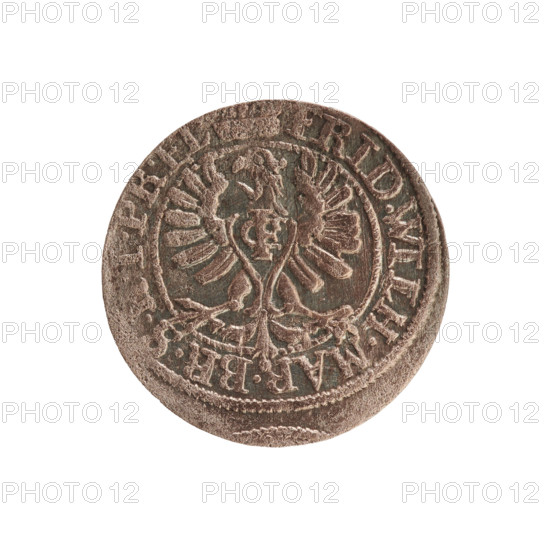 szelag, eagles, cross (iconographic), Hohenzollern (coat of arms), Frederick William I Hohenzollern (Great Elector of Brandenburg; Prince of Prussia; 1620-1688). Obv.: Prussian eagle, on its chest a monogram composed of the letters IC. In the rim, between the pearl borders, an inscription beginning with a princely mitre FRID.WILH.MAR.BR.SRIPR.EL. Rev.: monogram composed of the letters FW separating the inner border. In the rim an inscription beginning with a cross, divided by the Hohenzollern coat of arms +SOLIDUS.PR - USSIAE.1653. Date: 1653. Place: Ducal Prussia (1525–1701), Königsberg. Object: coin (szelag); diameter 15.5 mm, weight 0.59 g, axis 0°.