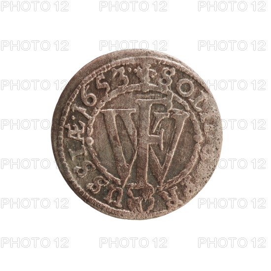 szelag, eagles, cross (iconographic), Hohenzollern (coat of arms), Frederick William I Hohenzollern (Great Elector of Brandenburg; Prince of Prussia; 1620-1688). Obv.: Prussian eagle, on its chest a monogram composed of the letters IC. In the rim, between the pearl borders, an inscription beginning with a princely mitre FRID.WILH.MAR.BR.SRIPR.EL. Rev.: Monogram composed of the letters FW separating the inner border. In the rim an inscription beginning with a cross, divided by the Hohenzollern coat of arms +SOLIDUS.PR - USSIAE.1653. Date: 1653. Place: Ducal Prussia (1525–1701), Königsberg. Object: coin (szelag); diameter 15.5 mm; weight 0.59 g; axis 0 degrees.