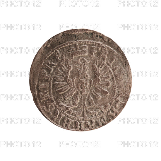 szelag; Hohenzollern (coat of arms); eagles; cross (iconographic); Frederick William I Hohenzollern (Great Elector of Brandenburg; Prince of Prussia; 1620–1688). Obverse: Prussian eagle, on its chest a monogram composed of the letters IC; in the rim, between the pearl borders, an inscription beginning with a princely mitre FRI, LH.MAR.BR.SRIPR.E. Reverse: monogram composed of the letters FW separating the inner border; in the rim an inscription beginning with a cross, divided by the Hohenzollern coat of arms +SO, US.PR - USS, .16, 1654. Ducal Prussia (1525–1701), Königsberg; coin; diameter 15.7 mm; weight 0.54 g; axis 0°.