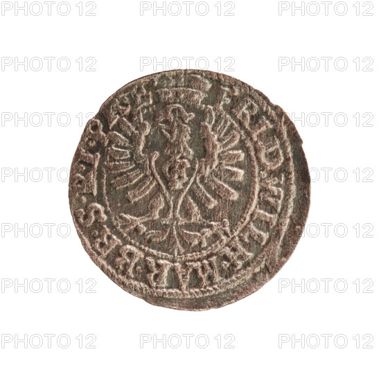 szelag, Hohenzollern (coat of arms), cross (iconographic), eagles, Frederick William I Hohenzollern (Great Elector of Brandenburg; Prince of Prussia; 1620–1688). Obv.: Prussian eagle, on its chest a monogram composed of the letters IC. On the rim, between the pearl borders, an inscription beginning with a princely mitre FRID.WILH.MAR.BR.SRIP. Rev.: Monogram composed of the letters FW separating the inner border. In the rim an inscription beginning with a cross, divided by the Hohenzollern coat of arms, SOLIDUS.PR-USS, 1654. Ducal Prussia (1525–1701), Königsberg. Coin: diameter 15.7 mm, weight 0.61 g, axis 0°.