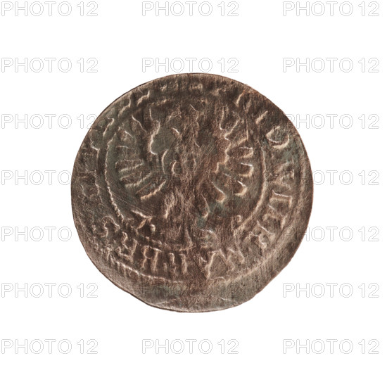 szelag; Hohenzollern (coat of arms); cross (iconographic); Frederick William I Hohenzollern (Great Elector of Brandenburg; Prince of Prussia; 1620–1688); eagles. Obverse: Prussian eagle, on its chest a monogram composed of the letters IC; on the rim between the pearl borders the inscription D.WILH.MAR.BR.SRI. Reverse: monogram composed of the letters FW separating the inner border; in the rim an inscription beginning with a cross, divided by the Hohenzollern coat of arms +SOLIDUS.PR - USSIAE.1654. Date: 1654. Place: Ducal Prussia (1525–1701), Königsberg. Coin; diameter 15.5 mm; weight 0.59 g; axis 0°.