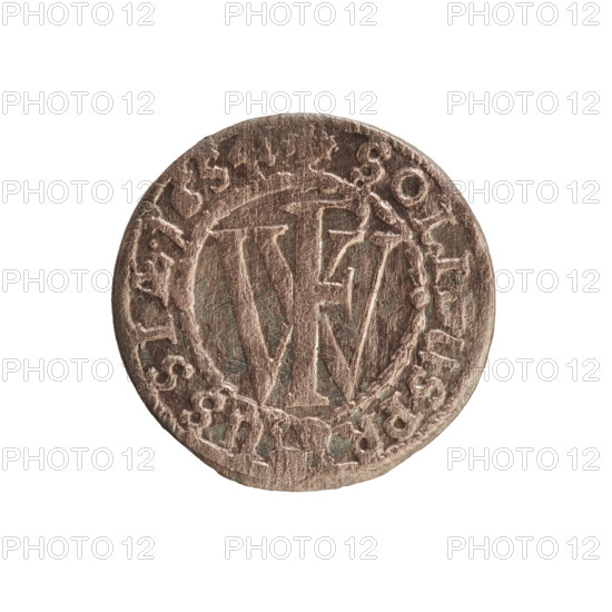 szelag; Hohenzollern coat of arms; cross (iconographic); Frederick William I Hohenzollern (Great Elector of Brandenburg; Prince of Prussia; 1620–1688); eagles. Obverse: Prussian eagle with a monogram on its chest composed of the letters IC; on the rim between the pearl borders the inscription D.WILH.MAR.BR.SRI. Reverse: monogram composed of the letters FW separating the inner border; on the rim an inscription beginning with a cross, divided by the Hohenzollern coat of arms: +SOLIDUS.PR - USSIAE.1654. Date: 1654. Place: Ducal Prussia, Königsberg. Coin; diameter 15.5 mm; weight 0.59 g; axis 0°.