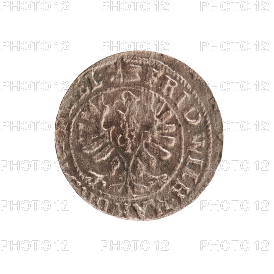 szelag, eagles, Hohenzollern (coat of arms), cross (iconographic), Frederick William I Hohenzollern (Great Elector of Brandenburg; Prince of Prussia; 1620–1688). Obverse: Prussian eagle, on its chest a monogram composed of the letters IC; in the rim, between the pearl borders, an inscription beginning with a princely mitre FRID.WILH.MA.EL. Reverse: monogram composed of the letters FW separating the inner border; in the rim an inscription beginning with a cross, divided by the Hohenzollern coat of arms +SOLIDUS.PR - USSIAE.1654. Date: 1654. Place: Ducal Prussia, Königsberg. Coin: diameter 15.3 mm, weight 0.80 g, axis 0 degrees.