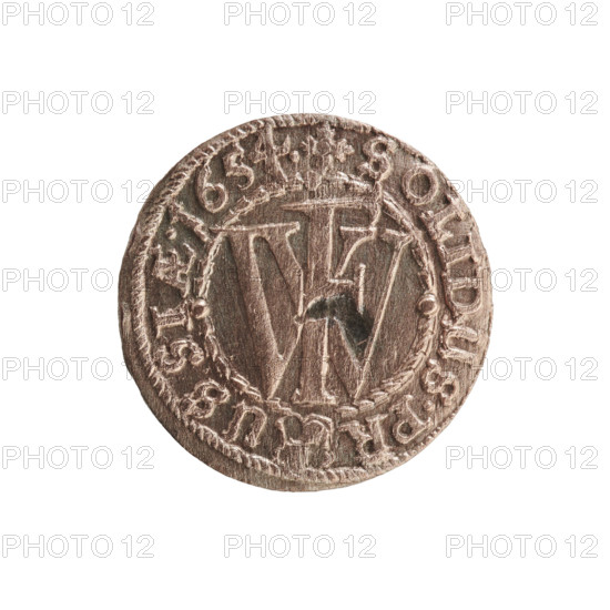 szelag, Section of Coins of Lands Associated with Poland, eagles, Hohenzollern (coat of arms), cross (iconographic), Frederick William I Hohenzollern (Great Elector of Brandenburg; Prince of Prussia; 1620-1688). Obverse: Prussian eagle, on its chest a monogram composed of the letters IC; in the rim between the pearl borders an inscription beginning with a princely mitre FRID.WILH.MA, .EL. Reverse: monogram composed of the letters FW separating the inner border; in the rim an inscription beginning with a cross, divided by the Hohenzollern coat of arms +SOLIDUS.PR - USSIAE.1654. Date: 1654. Place: Ducal Prussia (1525–1701), Königsberg. Medium: coin. Diameter 15.3 mm; weight 0.80 g; axis 0°.