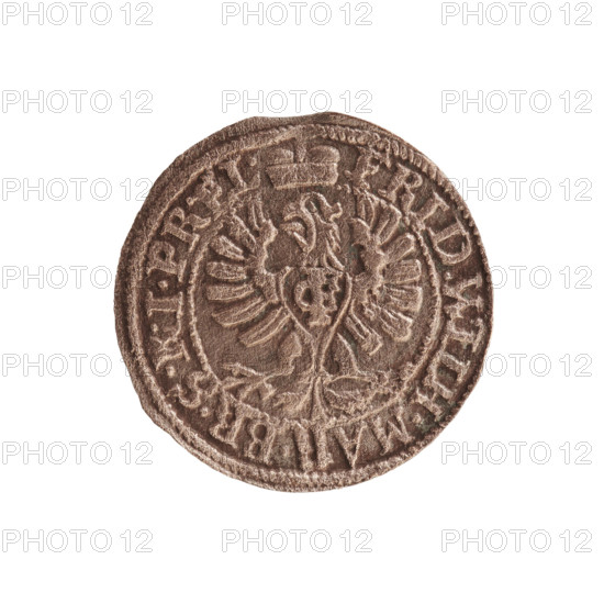 szelag, eagles, cross (iconographic), Frederick William I Hohenzollern (Great Elector of Brandenburg; Prince of Prussia; 1620-1688), Hohenzollern (coat of arms). Obv.: Prussian eagle, on its chest a monogram composed of the letters IC; in the rim, between the pearl borders, an inscription beginning with a princely mitre FRID.WILH.MAR.BR.SRIPR.EL. Rev.: monogram composed of the letters FW separating the inner border; in the rim an inscription beginning with a cross, divided by the Hohenzollern coat of arms +SOLIDUS.PR - USSIAE.1654. Date: 1654. Place: Königsberg, Ducal Prussia (1525–1701). Medium: coin; diameter 15.5 mm; weight 0.50 g; axis 0 degrees.