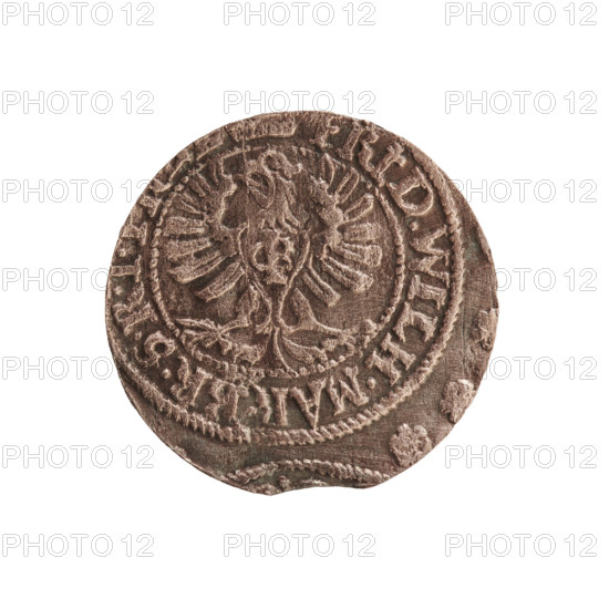 szelag; obverse: Prussian eagle with a monogram composed of the letters IC on its chest; rim inscription beginning with a princely mitre FRID.WILH.MAR.BR.SRI; reverse: monogram composed of the letters FW separating the inner border; rim inscription beginning with a cross, divided by the Hohenzollern coat of arms +SOLIDUS.PR - USSIAE.1654.; iconography: eagles, cross; maker/issuer: Frederick William I Hohenzollern (Great Elector of Brandenburg; Prince of Prussia; 1620–1688); date: 1654; place: Ducal Prussia (Königsberg); material/function: coin (szelag); diameter 15.8 mm; weight 0.57 g; axis 0 degrees.
