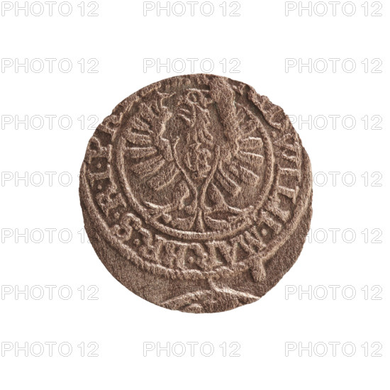 szelag; obverse: Prussian eagle with monogram 'IC' on its chest; rim inscription between pearl borders '.WILH.MAR.BR.SRIP.'; reverse: monogram 'FW' separating inner border; rim inscription beginning with a cross, divided by the Hohenzollern coat of arms '+SOLIDUS.PR - USSIAE.165' (1654); features eagles and cross iconography; Frederick William I Hohenzollern (Great Elector of Brandenburg; Prince of Prussia; 1620–1688) association; Hohenzollern coat of arms; Ducal Prussia (1525–1701), Königsberg; coin, diameter 15.3 mm, weight 0.44 g, axis 0°.
