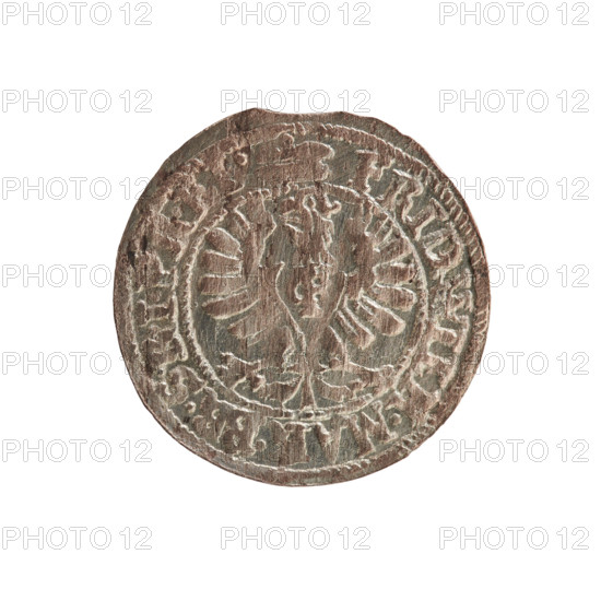 szelag, cross (iconographic), Frederick William I Hohenzollern (Great Elector of Brandenburg; Prince of Prussia; 1620-1688), eagles, Hohenzollern (coat of arms). Obv.: Prussian eagle, on its chest a monogram composed of the letters IC. In the rim, between the pearl borders, an inscription beginning with a princely mitre FRID.WILH.MAR.BR.SRIPR.EL. Rev.: Monogram composed of the letters FW separating the inner border. In the rim an inscription beginning with a cross, divided by the Hohenzollern coat of arms +SOL, .PR - USSIAE.1654. Date: 1654. Place: Ducal Prussia (1525–1701), Königsberg. Object: coin; diameter 15.8 mm; weight 0.55 g; axis 0 degrees.