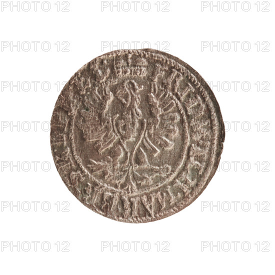 szelag, cross (iconographic), eagles, Frederick William I Hohenzollern (Great Elector of Brandenburg; Prince of Prussia; 1620–1688), Hohenzollern (coat of arms); Obv. Prussian eagle, on its chest a monogram composed of the letters IC. In the rim between the pearl borders the inscription FRID.WILH.MAR.BR.SRIPR.EL. Rv. A monogram composed of the letters FW separating the inner border. In the rim an inscription beginning with a cross, divided by the Hohenzollern coat of arms +SOLIDUS.PR - USSIAE.1654. 1654, Ducal Prussia (1525–1701), Königsberg; coin; diameter 15.8 mm; weight 0.44 g; axis 0 degrees.