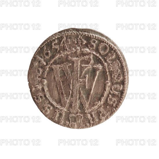szelag, cross (iconographic), eagles, Frederick William I Hohenzollern (Great Elector of Brandenburg; Prince of Prussia; 1620-1688), Hohenzollern (coat of arms), Obv. Prussian eagle, on its chest a monogram composed of the letters IC. In the rim between the pearl borders the inscription FRID.WILH.MAR.BR.SRIPR.EL. Rw. A monogram composed of the letters FW separating the inner border. In the rim an inscription beginning with a cross, divided by the Hohenzollern coat of arms +SOLIDUS.PR - USSIAE.1654., 1654, Ducal Prussia (1525-1701), Königsberg, coin, coin: diameter 15.8 mm, weight 0.44 g, axis 0 degrees.