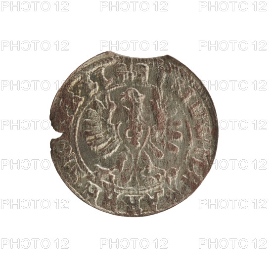 szelag; Section of Coins of Lands Associated with Poland; eagles; cross (iconographic); Frederick William I Hohenzollern (Great Elector of Brandenburg; Prince of Prussia; 1620–1688); Hohenzollern (coat of arms). Obverse: Prussian eagle with a monogram composed of the letters IC on its chest; rim between pearl borders bears an inscription beginning with a princely mitre FRID.WILH.MAR.BR.SR. PR.EL. Reverse: monogram composed of the letters FW separating the inner border; rim bears an inscription beginning with a cross, divided by the Hohenzollern coat of arms +SOLIDUS.PRUSSIAE.1654. Date: 1654. Place: Ducal Prussia (1525–1701), Königsberg. Object type: coin (szelag). Dimensions: diameter 15.5 mm; weight 0.63 g; axis 0°.